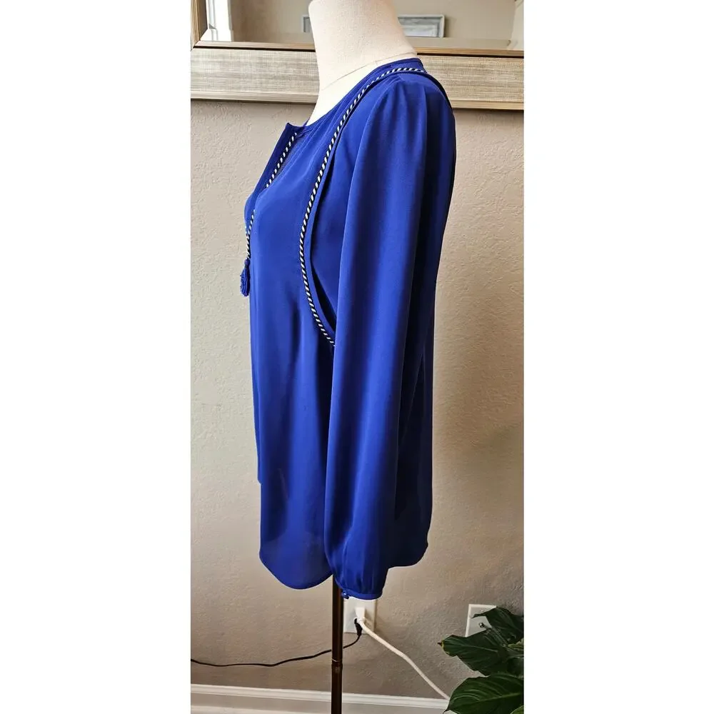 J. Crew V-Neck Tassel Trim Popover‎ Blouse Women Size 4 Blue Office Career Work